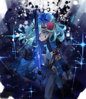 1girl armor black_gloves black_shirt blue_coat blue_eyes blue_hair blue_necktie character_request chrysanthemum coat collared_shirt commentary constellation crown_of_thorns curtained_hair e.g.o_(project_moon) english_commentary expressionless flower foot_out_of_frame frills from_above full_body gloves gradient_hair hair_flower hair_flowing_over hair_ornament hair_over_one_eye highres holding holding_sword holding_weapon limbus_company looking_at_viewer medium_hair multicolored_hair necktie project_moon senard shirt shoulder_armor solo sparkle starry_sky_print sword teardrop_facial_mark the_sword_sharpened_with_tears_(e.g.o) walking_towards_viewer weapon