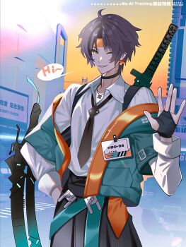 1boy absurdres adapted_costume aqua_jacket asaba_harumasa black_gloves black_hair black_necktie bow_(weapon) building choker collarbone commentary earrings english_text fingerless_gloves gloves grin headband highres id_card jacket jewelry looking_at_viewer male_focus naru9 necklace necktie one_eye_closed outdoors parted_bangs parted_lips shirt short_hair sky smile solo speech_bubble symbol-only_commentary upper_body waving weapon white_shirt yellow_eyes yellow_headband yellow_sky zenless_zone_zero