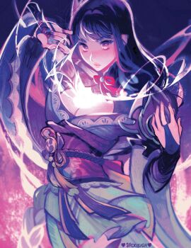 1girl artist_name braid breasts bridal_gauntlets cleavage closed_mouth commentary genshin_impact hair_ornament heart highres holding holding_sword holding_weapon human_scabbard japanese_clothes kimono large_breasts lips lipstick long_hair long_sleeves looking_at_viewer makeup mitsudomoe_(shape) mole mole_under_eye musou_isshin_(genshin_impact) obi obiage obijime purple_eyes purple_hair purple_kimono purple_nails raiden_shogun sash simple_background solo standing sword thighhighs tomoe_(symbol) vicki_tsai weapon