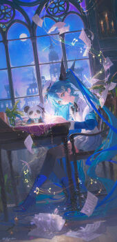 1girl absurdres bad_link beamed_eighth_notes blue_eyes blue_hair book boots bow candle chair collared_shirt constellation eggplant eighth_note full_body hair_between_eyes hat hatsune_miku highres holding indoors instrument long_hair long_sleeves looking_at_viewer moon musical_note night paper piano plant pleated_skirt potted_plant quarter_note ribbon sheet_music shirt sitting skirt sky smile solo table thighhighs twintails very_long_hair white_shirt window