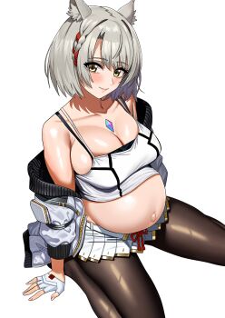 Rule 34 | animal ears, black pantyhose, blush, bob cut, breasts, camisole, cat ears, chest jewel, cleavage, core crystal (xenoblade), fingerless gloves, gloves, highres, large breasts, mio (xenoblade), navel, neige (pixiv6850453), outie navel, pantyhose, pregnant, shiny skin, short hair, shoulder strap, sitting, stomach, tank top, wariza, white camisole, white tank top, xenoblade chronicles (series), xenoblade chronicles 3, yellow eyes