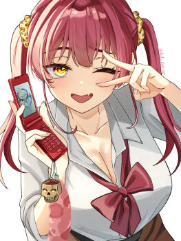1girl alternate_costume blush bow bowtie breasts cellphone charm_(object) cleavage collarbone collared_shirt commentary dodo_ddd_08 eyelashes fang flip_phone hair_ornament hair_scrunchie highres holding holding_phone hololive houshou_marine large_breasts long_hair looking_at_viewer loose_bowtie one_eye_closed open_mouth phone red_bow red_bowtie red_hair school_uniform scrunchie shirt skin_fang skirt smile twintails twitter_username upper_body v v_over_eye virtual_youtuber white_background yellow_eyes