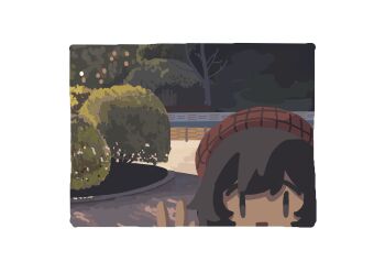 1girl :d absurdres artist_self-insert beret border brown_eyes brown_hair day hat head_only highres kyora-chan_(kyora_san) kyora_san looking_at_viewer open_mouth original outdoors plant red_hat shadow smile solo tree v white_border