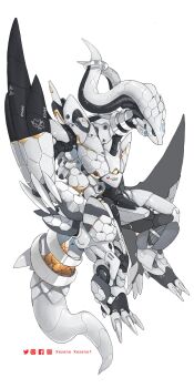 animal_focus artist_name black_sclera blue_eyes colored_sclera commentary english_commentary facebook_logo facebook_username full_body gen_5_pokemon highres instagram_logo instagram_username legendary_pokemon mecha mechanization nintendo no_humans pixiv_logo pixiv_username pokemon pokemon_(creature) reshiram robot simple_background solo twitter_logo twitter_username white_background xezeno