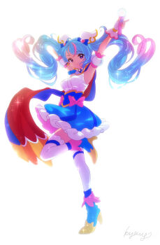 1girl aged_up ankle_boots arms_up artist_name backlighting blue_boots blue_cape blue_dress blue_eyes blue_hair boots bow breasts brooch cape closed_mouth commentary cure_sky cut_bangs detached_sleeves dress dress_bow earrings fingerless_gloves frilled_dress frills fringe_trim gloves gradient_hair hair_ornament high_heel_boots high_heels hirogaru_sky!_precure holding jewelry kyanos_(b_0000ff) leg_up long_hair looking_at_viewer magical_girl multicolored_hair pink_bow pink_hair precure puffy_detached_sleeves puffy_sleeves red_cape short_dress signature simple_background single_sidelock sky_mirage sleeveless sleeveless_dress small_breasts smile solo sora_harewataru sparkle standing standing_on_one_leg streaked_hair thighhighs twintails two-sided_cape two-sided_fabric two-tone_dress two-tone_hair very_long_hair white_background white_dress white_gloves white_thighhighs wing_brooch wing_hair_ornament
