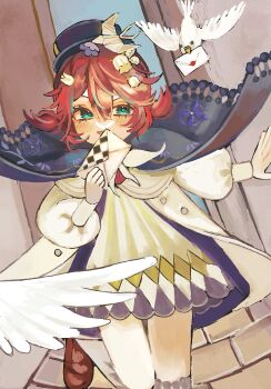 Rule 34 | 1girl, bird, black cape, black hat, blue eyes, brown hair, brown shoes, cape, coat, commentary request, dove, dress, envelope, feet out of frame, flower, flutterpage, flutterpage (gently comes the thawing breeze), hair flower, hair ornament, hand up, hat, highres, holding, holding envelope, koma komeko, leg up, lily of the valley, looking at viewer, official alternate costume, reverse:1999, shoes, short dress, short twintails, socks, solo, standing, standing on one leg, twintails, white bird, white coat, white dress, white socks