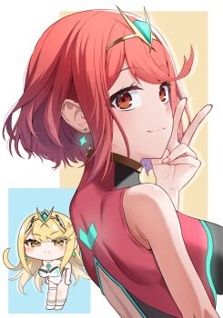 2girls bare_arms blonde_hair breasts chibi choker closed_mouth commentary_request earrings hand_up high_collar highres jewelry large_breasts long_hair looking_at_viewer multiple_girls mythra_(radiant_beach)_(xenoblade) mythra_(xenoblade) official_alternate_costume one-piece_swimsuit pyra_(pro_swimmer)_(xenoblade) pyra_(xenoblade) red_eyes red_hair short_hair slope_(check238) smile swept_bangs swimsuit thigh_strap tiara upper_body v white_choker white_one-piece_swimsuit xenoblade_chronicles_(series) xenoblade_chronicles_2 yellow_eyes