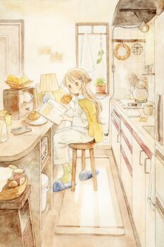 1girl blue_pajamas blue_slippers book brown_eyes brown_hair cellphone chyoma closed_mouth commentary_request croissant cup double-parted_bangs eating empty_eyes food fruit hair_ornament hand_up highres holding holding_book holding_food indoors jacket jacket_on_shoulders kettle kitchen long_sleeves on_stool original painting_(medium) pajamas pear phone photo_(object) plate reading shoes sitting slice_of_life slippers smartphone socks solo stool stove striped_clothes striped_pajamas tape_recorder teabag teacup traditional_media unworn_shoes watercolor_(medium) white_pajamas window x_hair_ornament yellow_jacket yellow_socks
