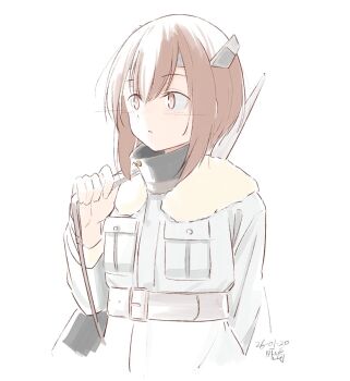 Rule 34 | 1girl, alternate costume, breast pocket, brown eyes, brown hair, coat, collar, dated, fur-trimmed coat, fur trim, headgear, highres, hikashima (shiofune), kantai collection, looking to the side, metal collar, pocket, short hair, signature, solo, strap, taihou (kancolle), upper body