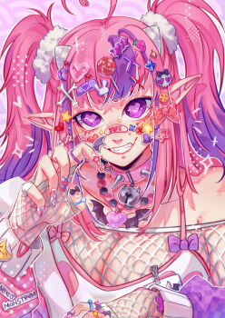 1girl absurdly_detailed_composition absurdres aegyo_sal ahoge bell bone_hair_ornament bow breasts cleavage collar commentary decoden decora demon_girl demon_horns english_commentary food-themed_hair_ornament grin hair_bow hair_ornament heart heart_ahoge highres horns ironmouse ironmouse_outfit_art_contest jingle_bell looking_at_viewer multicolored_hair nail_art nexusmonstrum official_alternate_costume pink_hair purple_eyes purple_streaks skull_hair_ornament smile solo sticker sticker_on_face strawberry_hair_ornament streaked_hair too_many_hair_ornaments twintails upper_body virtual_youtuber vshojo