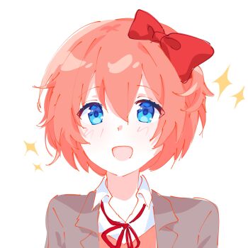 Rule 34 | 1girl, :d, blue eyes, bow, collared shirt, doki doki literature club, doki doki literature club school uniform, facing viewer, gaww x x, grey jacket, grin, hair bow, hashtag-only commentary, highres, jacket, looking at viewer, neck ribbon, open mouth, pink hair, pink vest, ribbon, sayori (doki doki literature club), school uniform, shirt, short hair, smile, solo, sparkle, straight-on, upper body, vest, white shirt