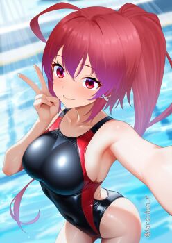 1girl ahoge black_one-piece_swimsuit blush breasts commentary_request competition_swimsuit covered_navel cowboy_shot dorachan_r hair_ribbon highres i-168_(kancolle) kantai_collection long_hair looking_at_viewer medium_breasts multicolored_swimsuit one-piece_swimsuit ponytail pool poolside red_eyes red_hair red_one-piece_swimsuit ribbon selfie smile solo swimsuit twitter_username two-tone_swimsuit v