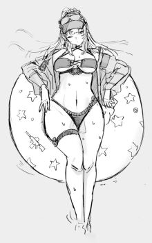 1girl bikini commentary cross-laced_bikini cross-laced_clothes girls&#039;_frontline girls&#039;_frontline_2:_exilium glasses greyscale hk416_(girls&#039;_frontline) klukai_(cerulean_breaker)_(girls&#039;_frontline_2) klukai_(girls&#039;_frontline_2) lying mesuosushi monochrome navel official_alternate_costume on_back one_eye_closed ponytail sketch solo sunglasses swim_ring swimsuit symbol-only_commentary tattoo teardrop_facial_mark teardrop_tattoo