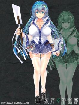 Rule 34 | 1girl, aqua eyes, aqua hair, black shoes, blue skirt, breasts, cleavage, closed mouth, collarbone, floral print, frilled skirt, frills, frog hair ornament, full body, gohei, green hair, green nails, hair ornament, highres, holding, kochiya sanae, large breasts, long hair, looking at viewer, miniskirt, pekopokox, see-through clothes, see-through thighhighs, shirt, shoes, skirt, smile, snake hair ornament, solo, thighhighs, touhou, twitter username, white shirt, white thighhighs