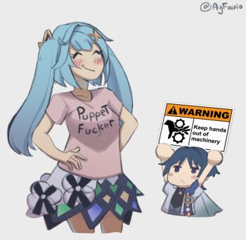 1boy 1girl agfavio alternate_costume aqua_gemstone arm_behind_back arms_up black_bodysuit black_hair blue_cape blue_hair blunt_bangs blunt_ends blush bodysuit cape casual center-flap_bangs circle_hands closed_mouth collarbone contemporary diamond_print double-parted_bangs dress dress_under_shirt facing_to_the_side faruzan_(genshin_impact) furisode gears_print gem genshin_impact gold grey_background grey_kimono hair_intakes hair_ornament hand_on_own_hip hetero highres holding holding_sign japanese_clothes juban kimono long_hair looking_at_another open_clothes open_kimono pink_shirt pink_sleeves pom_pom_(clothes) purple_eyes scaramouche_(genshin_impact) shirt short_sleeves sign smile turtleneck turtleneck_bodysuit twintails twitter_username vision_(genshin_impact) wanderer_(genshin_impact) warning_sign white_dress white_kimono white_sleeves x_hair_ornament