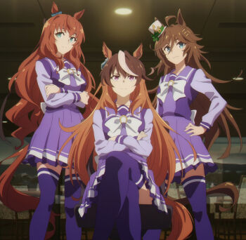 3girls ahoge animal_ears blue_bow blue_eyes blue_ribbon bow breasts brown_hair brown_tail chair closed_mouth collarbone crossed_arms crossed_legs ear_bow ear_ornament ear_ribbon earrings green_eyes hand_on_own_hip hat highres horse_ears horse_girl horse_tail indoors jewelry large_breasts legs long_hair long_sleeves maruzensky_(umamusume) miniskirt mr._c.b._(umamusume) multicolored_hair multiple_girls neckerchief pleated_skirt purple_eyes purple_sailor_collar purple_serafuku purple_skirt purple_socks purple_thighhighs ribbon sailor_collar school_uniform serafuku sitting skirt small_breasts small_hat smile socks stitched streaked_hair symboli_rudolf_(umamusume) tail thighhighs thighs third-party_edit tracen_school_uniform two-tone_hair umamusume umamusume:_cinderella_gray upskirt white_hat white_neckerchief white_streaks zettai_ryouiki