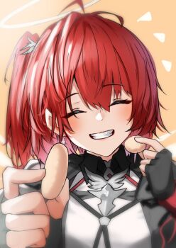 1girl :d ^_^ arknights black_gloves blush closed_eyes commentary_request earrings exusiai_(arknights) exusiai_the_new_covenant_(arknights) facing_viewer fingerless_gloves food gloves grin hair_between_eyes halo holding holding_food incoming_food jewelry open_mouth portrait red_hair short_hair smile solo traditional_halo white_halo yellow_background z_(knkr1025)