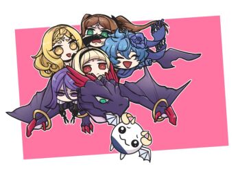 5girls black_hairband blonde_hair blue_hair blue_scarf breasts brown_hair cleavage commentary drag-on_dragoon drag-on_dragoon_3 dragon dual_wielding e_dada_da five_(drag-on_dragoon) flower four_(drag-on_dragoon) gabriel_(drag-on_dragoon) green_eyes hair_flower hair_ornament hairband holding holding_weapon long_hair mikhail_(drag-on_dragoon) mole mole_under_eye multiple_girls one_(drag-on_dragoon) purple_eyes purple_hair red_eyes roman_numeral scarf scissors siblings simple_background three_(drag-on_dragoon) twintails two_(drag-on_dragoon) weapon yellow_eyes