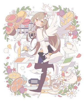 1girl :o akashia_(akasia313) angel_wings arm_at_side belt black_pantyhose blue_archive blush book brown_hair camera capelet cup cupcake dot_nose dress falling_petals feathered_wings flower food from_side fruit full_body hair_between_eyes hair_flower hair_ornament halo hand_up high_heels highres holding jar leaf lemon long_hair long_sleeves looking_at_viewer looking_back looking_to_the_side nagisa_(blue_archive) open_mouth orange_(fruit) orange_flower orange_slice outside_border pantyhose paper parted_lips petals photo_(object) picture_frame pink_flower plant red_flower saucer shoes sidelocks solo standing standing_on_one_leg strawberry tea teacup teapot white_background white_capelet white_dress white_flower white_shoes white_wings wings yellow_eyes