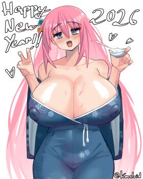 1girl 2026 absurdres alcohol alternate_breast_size_(larger) blue_eyes blush bocchi_the_rock! breasts cleavage covered_erect_nipples cowboy_shot dated gotoh_hitori happy_new_year highres huge_breasts japanese_clothes kimono konaloid long_hair new_year off_shoulder open_mouth pink_hair sake simple_background solo sta sweat white_background