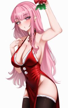 1girl absurdres arm_up armpits bare_arms black_thighhighs blunt_bangs breasts cleavage commentary covered_navel detached_collar dress english_commentary fur-trimmed_dress fur-trimmed_thighhighs fur_trim groin hand_up helldeer highres hololive hololive_english large_breasts long_hair looking_at_viewer mori_calliope parted_lips pelvic_curtain pink_eyes pink_hair pom_pom_(clothes) red_dress side_slit sideboob sideless_dress single_sidelock sleeveless sleeveless_dress straight_hair thighhighs very_long_hair virtual_youtuber