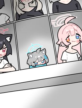 6+girls :3 alternate_costume animal_ears black_hair blue_archive blue_eyes breasts cat_ears cat_girl cat_with_a_degree_(meme) character_request flat_chest grey_background grey_hair halo heterochromia highres hoshino_(blue_archive) ishikoro24 large_breasts long_hair medium_breasts meme multiple_girls orange_eyes pink_hair pink_halo portrait red_eyes serika_(blue_archive) shiroko_(blue_archive) shirt short_hair twintails upper_body white_shirt wolf_ears wolf_girl