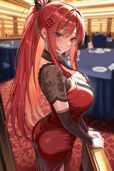 1girl absurdres alternate_costume ass breasts champagne_flute cleavage commentary_request cup dress drinking_glass earrings elker from_side goddess_of_victory:_nikke gold_earrings hair_ornament highres jewelry korean_commentary lace_trim large_breasts long_hair looking_at_viewer official_alternate_hair_color official_alternate_hairstyle plate ponytail rapi_(nikke) rapi_(red_hood)_(nikke) red_carpet red_dress red_eyes red_hair solo table