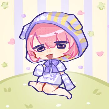 1girl animal_ear_hood animal_ears animal_print argyle_cloak argyle_clothes bare_legs barefoot bow bowtie brown_eyes chibi chinese_commentary cloak closed_mouth commentary_request detached_sleeves dog_ears dog_print dress fake_animal_ears floppy_ears grass hair_between_eyes halftone happy haroi heart hill hood hood_up hooded_cloak infinity_nikki light_blush long_sleeves nikki_(nikki) nikki_(series) pink_hair print_dress purple_background purple_bow purple_bowtie purple_cloak purple_dress purple_sleeves short_dress short_hair sitting sleeves_past_fingers sleeves_past_wrists smile solo split-color_clothes star_(symbol) striped_background striped_clothes striped_sleeves two-tone_background two-tone_cloak vertical-striped_background vertical-striped_cloak vertical-striped_clothes wariza yellow_background yellow_cloak