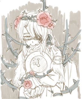 Rule 34 | ..., ...?, 1boy, 1other, ?, absurdres, alternate costume, arm vines, arms around another's neck, arms around neck, arms on another's shoulder, beard stubble, black-framed eyewear, black-framed glasses, bound, capelet, clock, coat, collared shirt, crossed arms, crown of thorns, dante (limbus company), dress, e.g.o (project moon), expressionless, eye trail, facial hair, fire, flower, flower wreath, formal clothes, from front, garden of thorns (e.g.o), gauntlet, gauntlets, glasses, gloves, gregor (project moon), greyscale, hair flower, hair intakes, hair ornament, hair vines, hairband, head wreath, highres, holding, hug, hug from behind, jitome, lapels, light trail, lily26983455, limbus company, limited palette, long hair, long sleeves, looking at viewer, male bride, male focus, monochrome, necktie, notched lapels, object head, official alternate costume, other focus, parted bangs, partially colored, photoshop (medium), plant, project moon, red flower, red rose, red strips, rose, sanpaku, sash, semi-rimless eyewear, shaded face, shadow, shirt, shoulder sash, single gauntlet, single glove, sketch, spoken ellipsis, spoken question mark, spot color, stubble, thorns, torn capelet, torn clothes, under-rim eyewear, upper body, vines