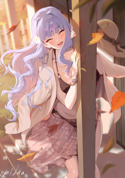 1girl ^_^ absurdres artist_name bikini black_bikini blunt_bangs blurry blurry_background blush bracelet closed_eyes earrings facing_viewer falling_leaves feet_out_of_frame fingernails floating_hair flower glint grey_hair hair_flower hair_ornament hat highres hoop_earrings idolmaster idolmaster_(classic) idolmaster_million_live! jewelry leaf long_hair midnamana o-ring o-ring_bikini pillar sarong see-through_clothes see-through_sarong shijou_takane signature smile solo straw_hat swimsuit unworn_hat unworn_headwear very_long_hair