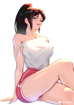 1girl 2025 absurdres arm_support artist_name bare_shoulders breasts brown_eyes brown_hair casual collarbone commentary covered_erect_nipples crossed_legs dolphin_shorts english_commentary fatal_fury feet_out_of_frame female_focus genjiruu highres large_breasts leg_up long_hair looking_at_viewer off_shoulder official_alternate_costume parted_bangs pink_lips pink_shorts ponytail seductive_gaze seductive_smile shiranui_mai shorts simple_background sitting smile snk snk_heroines:_tag_team_frenzy solo tank_top the_king_of_fighters thick_lips white_background