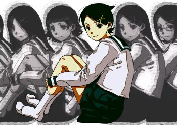 6+girls arched_bangs black_eyes black_hair black_sailor_collar black_skirt blouse blunt_bangs bob_cut choppy_bangs closed_mouth distortion dot_nose double-parted_bangs facing_viewer fujiyoshi_harumi fuura_kafuka glasses gongertouji greyscale hair_ornament hair_over_one_eye hairclip hand_on_own_leg highres kitsu_chiri kneehighs knees_up komori_kiri legs_together light_smile lineup long_hair long_sleeves looking_afar monochrome monochrome_background multiple_girls no_shoes on_floor out_of_frame parted_bangs pleated_skirt sailor_collar saturated sayonara_zetsubou_sensei school_uniform shirt short_hair sidelocks simple_background sitting skirt sleeve_cuffs socks straight_hair surreal swept_bangs symbolism tareme tsunetsuki_matoi turning_head very_long_hair very_short_hair vhs_artifacts wavy_ends white_background white_shirt white_socks x_hair_ornament