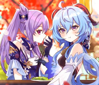 Rule 34 | 2girls, ahoge, aoi cicada, aqua hair, backless outfit, black gloves, blurry, blurry background, bow, chopsticks, closed mouth, cup, detached sleeves, ganyu (genshin impact), genshin impact, gloves, goat girl, goat horns, hair between eyes, hair bow, hair bun, highres, holding, holding chopsticks, holding cup, horns, keqing (genshin impact), long hair, long sleeves, looking at viewer, multiple girls, purple eyes, purple hair, short sleeves