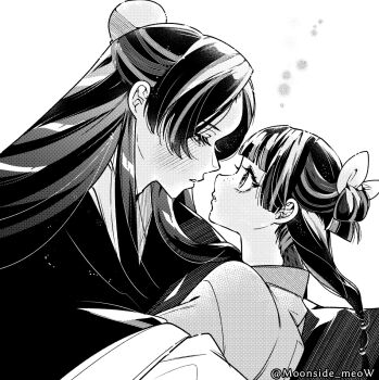 1boy 1girl beads blunt_bangs blush bun_cover couple freckles hair_bun hair_ribbon half-closed_eyes half_updo hetero imminent_kiss jinshi_(kusuriya_no_hitorigoto) kusuriya_no_hitorigoto long_hair looking_at_another maomao_(kusuriya_no_hitorigoto) moonside_meow parted_bangs parted_lips ribbon twitter_username upper_body white_background