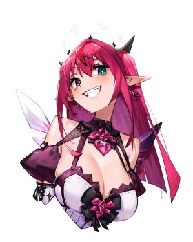 1girl adarin asymmetrical_wings blue_eyes breasts brooch cleavage_cutout clothing_cutout commentary cropped_torso crystal_wings detached_sleeves detached_wings double_halo dress earrings english_commentary grin halo heart heart_brooch heterochromia highres hololive hololive_english horns irys_(hololive) irys_(irys_2.0)_(hololive) jewelry juliet_sleeves large_breasts long_hair long_sleeves looking_at_viewer mismatched_wings pointy_ears puffy_sleeves purple_hair simple_background smile solo star-shaped_pupils star_(symbol) star_halo symbol-shaped_pupils virtual_youtuber white_background white_dress wings