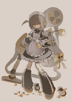 1girl absurdres apron bird black_bow black_bowtie black_dress bow bowtie broom closed_mouth commentary_request detached_sleeves dress frilled_apron frilled_dress frills full_body gears gloves grey_background grey_hair grey_shoes hammer highres holding holding_broom kiwi_(bird) lamp lankilanki leg_warmers light_bulb looking_at_viewer maid maid_headdress one_side_up original puffy_short_sleeves puffy_sleeves sack screw screwdriver shoes short_sleeves solo standing tools vacuum_cleaner white_apron white_gloves yellow_eyes