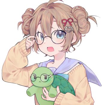 Rule 34 | 1boy, 1girl, 1kattze, :<, blue eyes, blue sailor collar, brown hair, cardigan, commentary, double bun, english commentary, from side, glasses, hair between eyes, hair bun, hair ornament, heart, heart hair ornament, highres, long sleeves, neuro-sama, open mouth, round eyewear, sailor collar, simple background, turtle, vedal987, vedal ai, virtual youtuber, white background, yellow cardigan