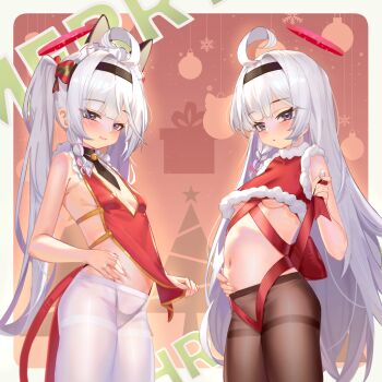 2girls absurdres ahoge alwaysissac animal_ears black_hairband black_pantyhose blue_archive blue_eyes blush braid breasts cat_ears christmas fake_animal_ears fur_trim hairband hand_on_own_stomach highres loli long_hair multiple_girls navel no_panties no_pants panties panties_under_pantyhose pantyhose plana_(blue_archive) red_ribbon red_shirt ribbon shirt sleeveless sleeveless_shirt small_breasts smile stomach thighband_pantyhose thighs twintails underboob underwear white_hair white_pantyhose