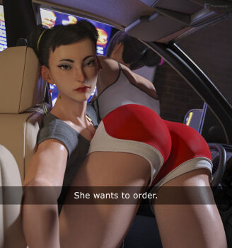 2girls ass capcom chun-li double_bun drive-thru earrings english_text hair_bun han_juri he_wants_to_order_(meme) highres jewelry multiple_girls phantaseye red_shorts shorts street_fighter