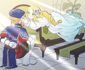 Rule 34 | 1boy, 1girl, arms behind back, beret, blonde hair, boots, braid, commentary, couch, couple, dress, english commentary, gloves, green eyes, hair ornament, hat, hetero, highres, indoors, knee boots, light rays, link, looking at another, military hat, military uniform, nintendo, on couch, plant, pointy ears, princess zelda, royal guard set (zelda), seeckgo, sidelocks, smile, the legend of zelda, the legend of zelda: breath of the wild, the legend of zelda: tears of the kingdom, white gloves