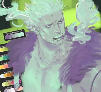 1boy beard_stubble cigar commentary facial_hair fur-trimmed_jacket fur_trim highres jacket looking_to_the_side male_focus one_piece rk_(_barokeroq22221) short_hair smoke smoker_(one_piece) solo stubble symbol-only_commentary upper_body white_hair