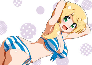 1girl arms_behind_head ass bikini breasts cleavage dutch_angle ellen_baker from_behind front-tie_bikini_top front-tie_top green_eyes hair_over_shoulder large_breasts long_hair mizusaki_johnko new_horizon side-tie_bikini_bottom smile solo swimsuit