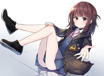 1girl akishino_yuzuki black_choker black_jacket black_shoes blue_shirt blue_skirt brown_eyes brown_hair choker commentary_request haemori_ako indie_virtual_youtuber jacket loafers medium_hair outstretched_arm shirt shoes skirt smile solo virtual_youtuber