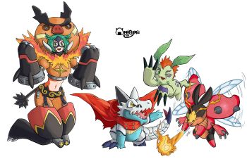 Rule 34 | absurdres, belt, cape, chikorita, cho-hakkaimon, costume, digimon, emboar, fire, fusion, gen 2 pokemon, gen 5 pokemon, gomamon, hackmon (digimon), highres, leaf, looking at viewer, nintendo, one eye closed, onigyrii, pokemon, simple background, spikes, tail, tentomon, tepig, totodile, white background, wings