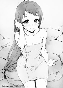 Rule 34 | 1girl, ahoge, breasts, collarbone, commentary request, cowboy shot, greyscale, kantai collection, long hair, looking at viewer, mae (maesanpicture), monochrome, naked towel, onsen, samidare (kancolle), sitting, small breasts, smile, solo, swept bangs, towel, twitter username, very long hair