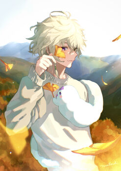 1boy absurdres ahoge alternate_costume animal animal_on_head artist_name commentary_request ginkgo_leaf hair_over_one_eye highres holding holding_leaf leaf long_sleeves looking_at_viewer male_focus matochi_(fa) mountainous_horizon murakumo_kagetsu nijisanji on_head outdoors purple_eyes shirt smile solo upper_body virtual_youtuber watakumo_(murakumo_kagetsu) white_hair white_shirt
