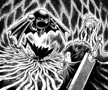 bad_id bad_twitter_id berserk cape cosplay dragonslayer_(sword) femto_(berserk) femto_(berserk)_(cosplay) greyscale griffith_(berserk) guts_(berserk) guts_(berserk)_(cosplay) hatching_(texture) highres inactive_account kirby kirby_(series) linear_hatching meta_knight miura_kentarou_(style) monochrome nintendo sam_o spiked_hair sword sword_on_back tentacles waddle_dee weapon weapon_on_back