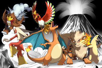 Rule 34 | arcanine, asatsuki (fgfff), blaziken, charizard, claws, commentary request, entei, fangs, fangs out, fire, flame-tipped tail, gen 1 pokemon, gen 2 pokemon, gen 3 pokemon, ho-oh, leg up, legendary pokemon, nintendo, no humans, open mouth, pokemon, pokemon (creature), pokemon focus, red eyes, rock, standing, standing on one leg, tail, teeth, tongue, typhlosion, volcano