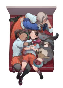 1boy 3girls absurdres arven_(pokemon) backpack bag bed black_hair black_pantyhose blue_hair braid brown_hair collared_shirt dark-skinned_female dark_skin glasses gloves gontaku_nido green_hair hair_over_one_eye highres hood hoodie hug juliana_(pokemon) light_brown_hair long_hair lying minus_sign multicolored_hair multiple_girls naranja_academy_school_uniform necktie nemona_(pokemon) nintendo open_clothes open_vest orange_necktie orange_pants orange_shorts pants pantyhose penny_(pokemon) plus_sign pokemon pokemon_sv ponytail red_hair round_eyewear school_uniform see-through_clothes see-through_skirt shirt short_hair short_sleeves shorts skirt sleeping streaked_hair striped_clothes striped_pants two-tone_hair vertical-striped_clothes vertical-striped_pants vest