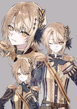 1girl absurdres artist_request belt black_gloves black_jacket blonde_hair brown_belt closed_mouth commission epaulettes gloves grey_background hair_between_eyes hand_on_own_chest hand_up hasumi_leia highres jacket long_sleeves looking_at_viewer mahou_shoujo_no_majo_saiban multiple_views one_eye_closed sash second-party_source short_hair shoulder_sash simple_background smile upper_body yellow_eyes